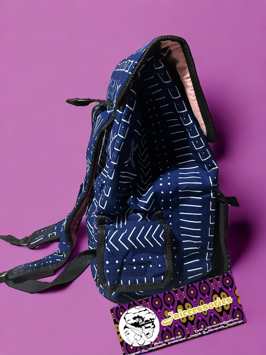 African Backpack Blue & White Print
