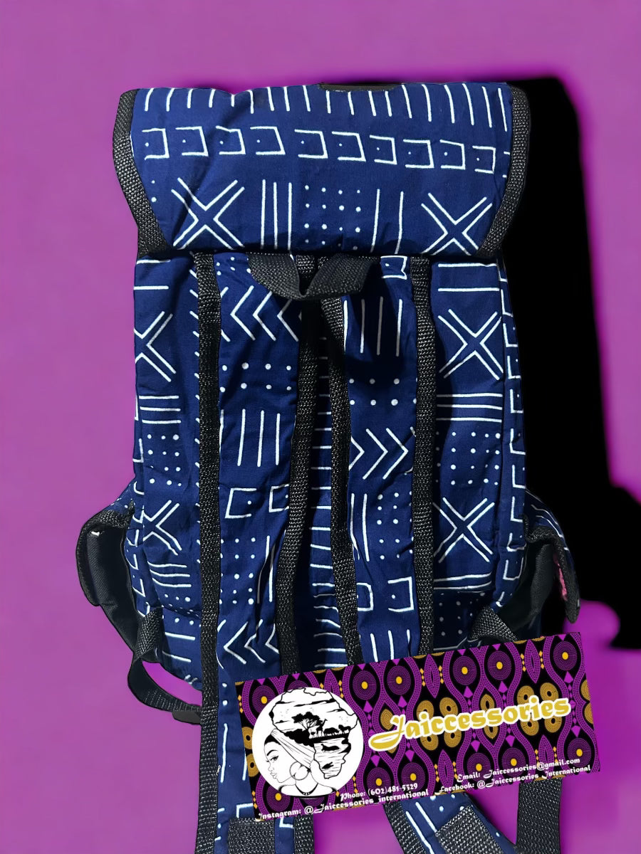 African Backpack Blue & White Print