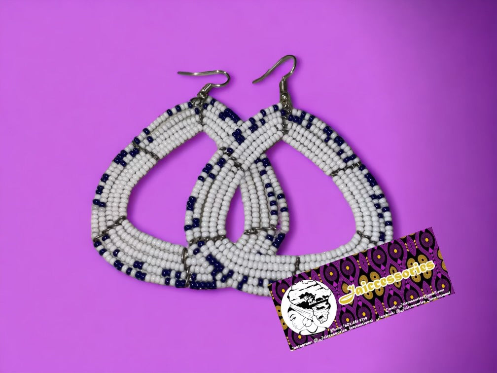 Maasai Beaded Earrings - White & Blue