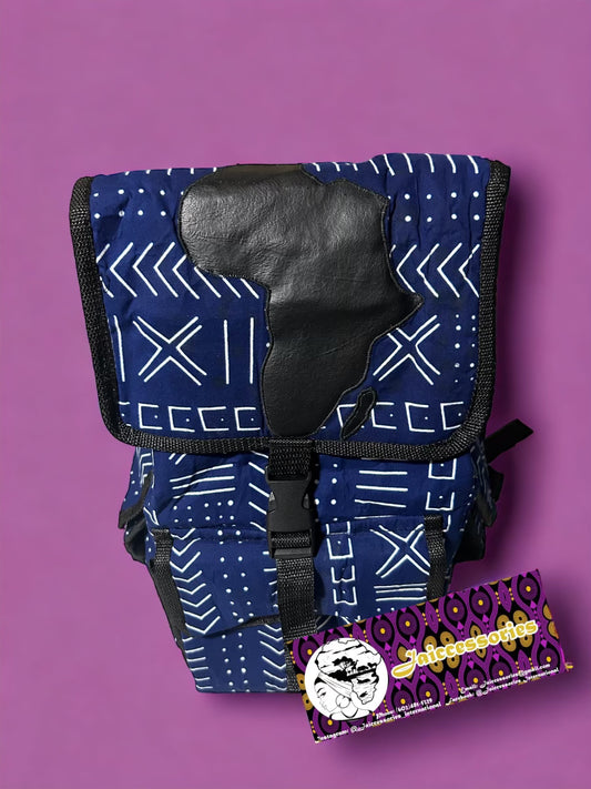 African Backpack Blue & White Print