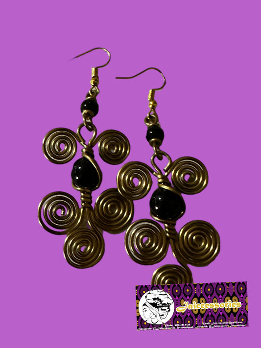 Black Bead Brass Earrings