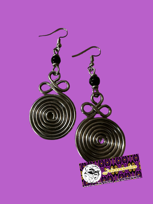 Black Bead Circular Brass Earrings